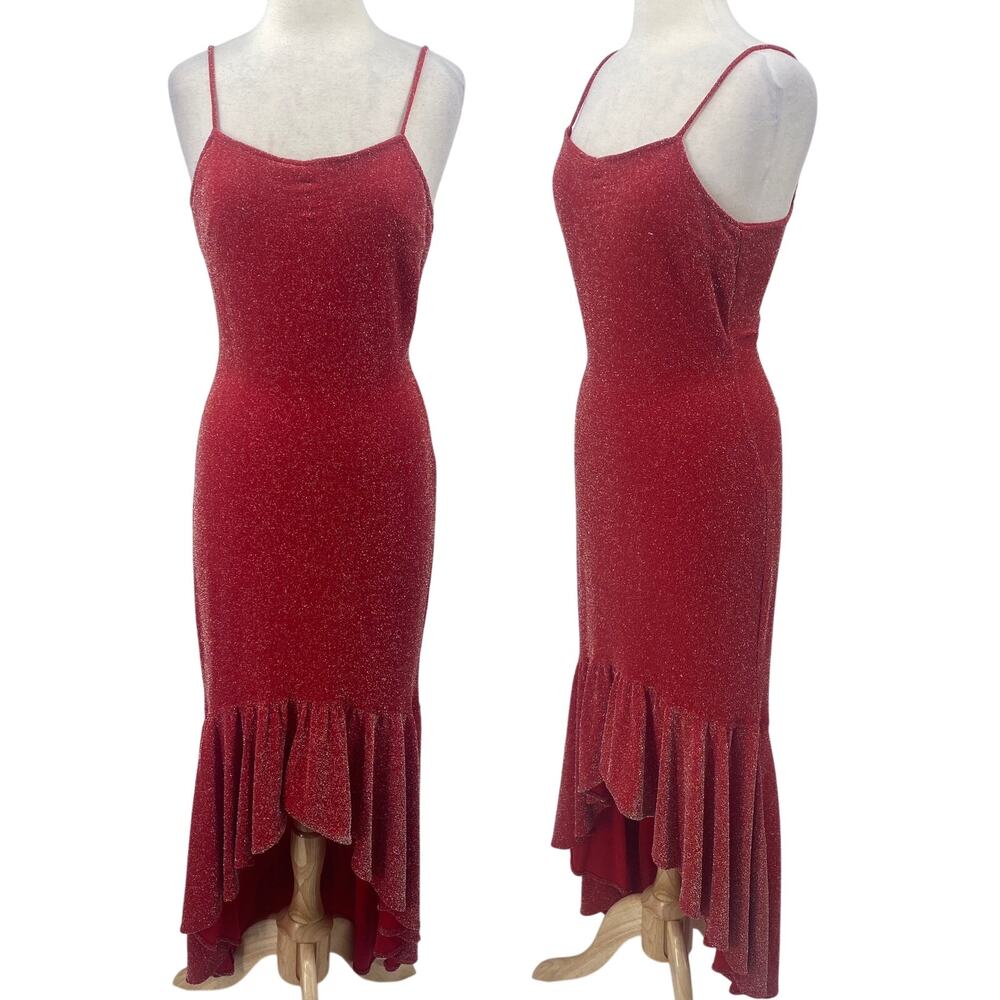 Vintage Red Sparkle Maxi Dress with Ruffle Hem